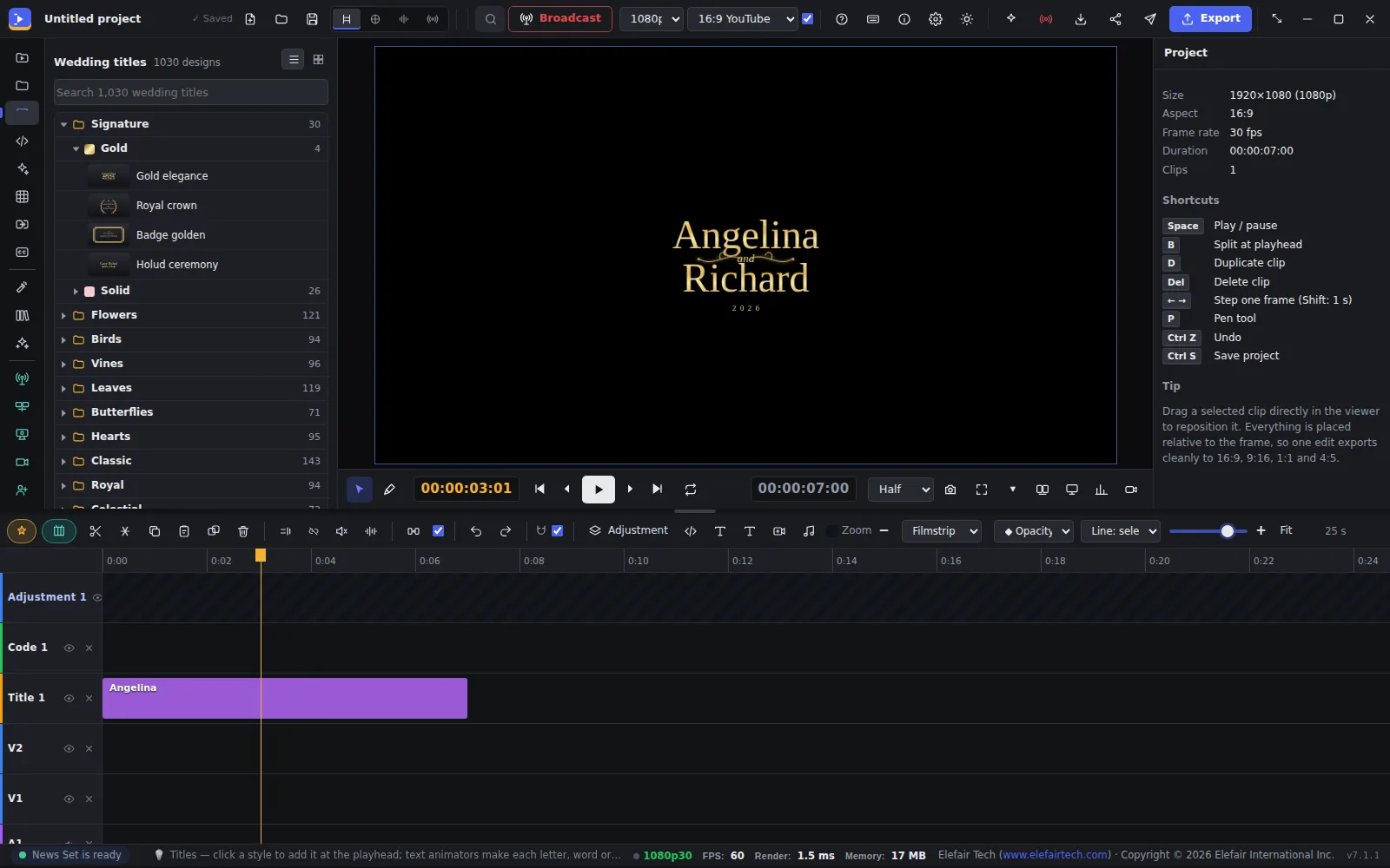 Elefair Studio editor with a gold wedding title, the 1,030-design title library and the timeline