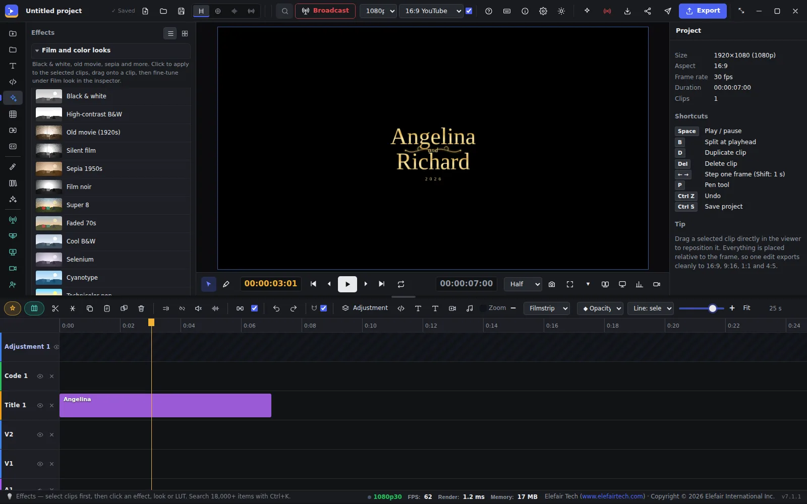 Film and colour looks in the Effects panel